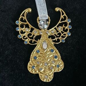 Gold Tone Filigree Diamond Sapphire Colored Encrusted Rhinestone Angel Ornament